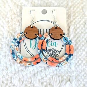 Peach And blue floral print circle earrings